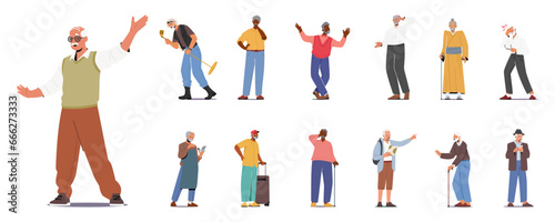 Set Of Elderly Male Characters Rock Musician With Microphone, Old Man Thinking, Dancing, Travel With Luggage