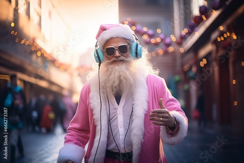 Santa Clause walking city streets enjoying listen good music on headphones. Casual relaxed scene with senior santa in pastel pink clothes. photo