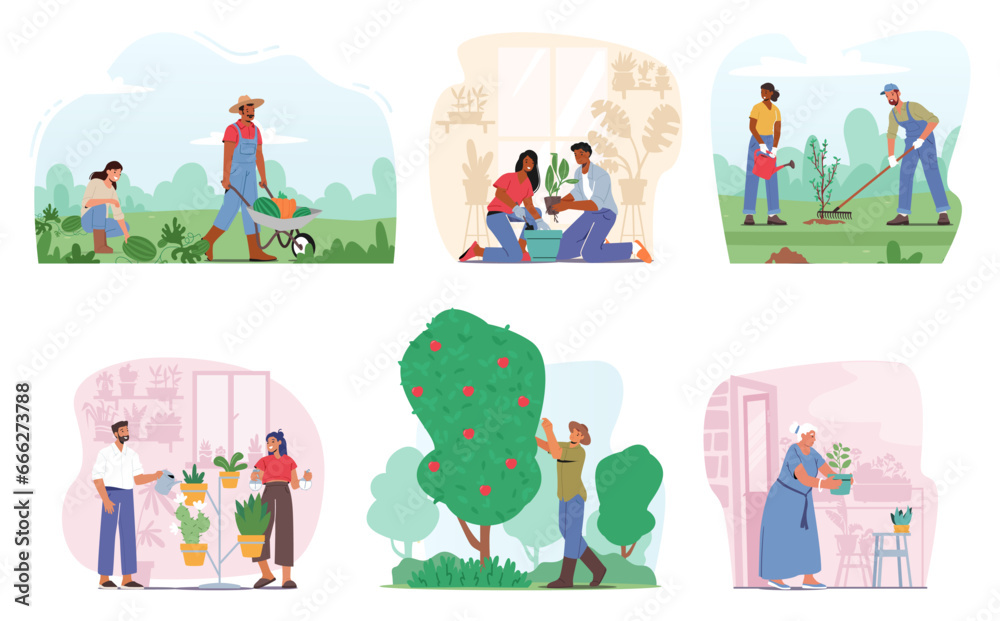 Set of Enthusiastic Gardener Characters Nurturing Lush Greenery, Tending To Vibrant Blooms, Vector Illustration