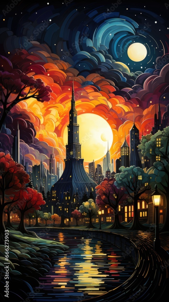 A painting of a city at night with a full moon. AI image.