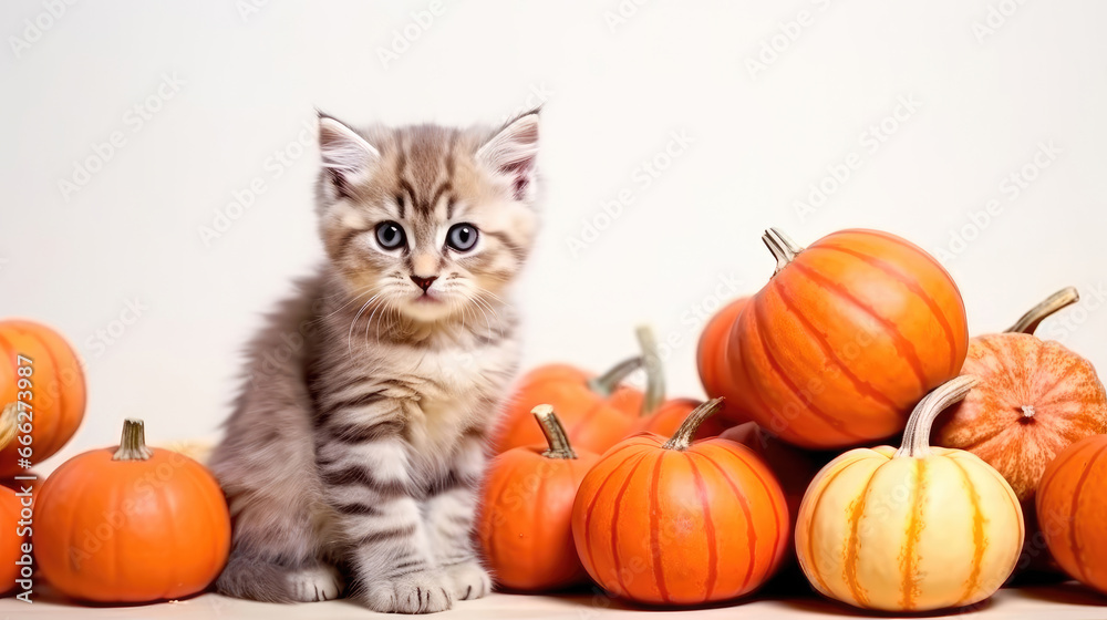 Cute gray kitten sits near orange pumpkins on white background. Halloween or Thanksgiving theme. Cute gray kitten sits near orange pumpkins on white background. Halloween or Thanksgiving theme.