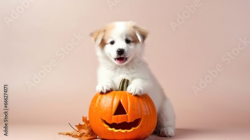 Cute puppy sits near orange pumpkins. Halloween or Thanksgiving theme.