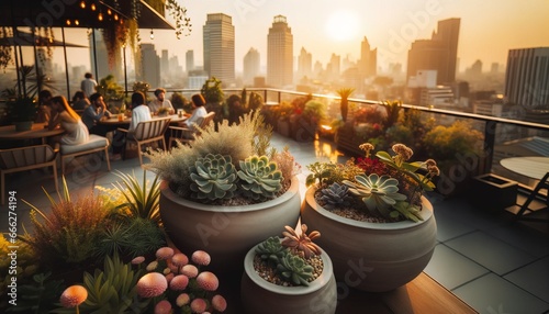 People enjoying the sunset on a city rooftop garden surrounded by potted plants and city views.