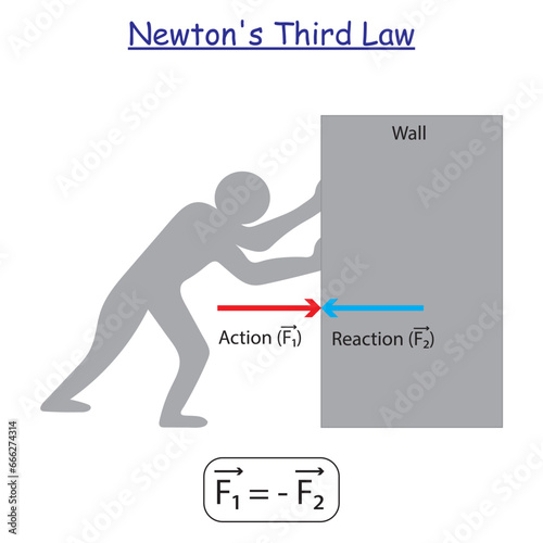 Newton's Third Law experiment. Statement, Examples, and Equation. Study content for physic students. Vector illustration.