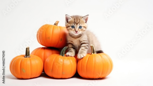 Cute gray kitten sits near orange pumpkins on white background. Halloween or Thanksgiving theme.