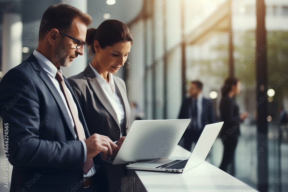 Two Professionals Discussing Project on Laptop in Office. Generative AI Two Professionals Discussing Project on Laptop in Office. Generative AI