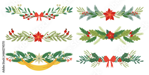 Set Of Christmas Decorative Borders, Enchanting Fir Tree Garlands Of Mistletoe Or Poinsettia Branches, Ribbons And Bows