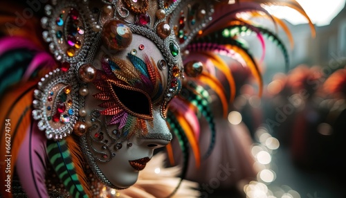 Close-up masked performers at a live carnival ceremony.