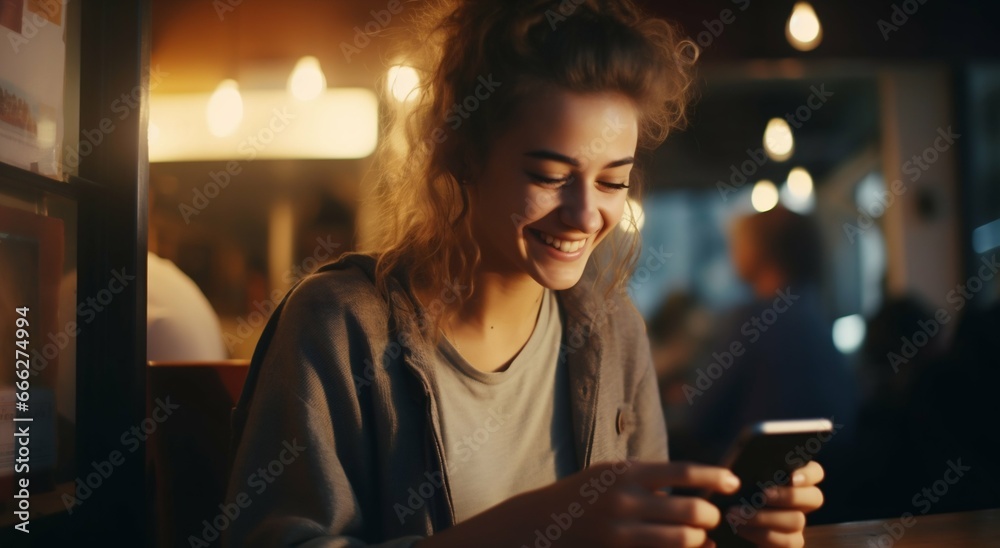Smiling Female Freelancer Engaged with Smartphone in Cafe Smiling Female Freelancer Engaged with Smartphone in Cafe
