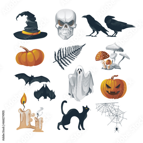 Vector realistic set of happy halloween elements hat, skull, crow, raven, pumpkin, ghost, spiderweb, mushrooms, candles, banner template isolated on white background