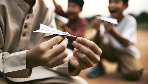 Close-up hands of a child meticulously folding a piece of paper to make his airplane.