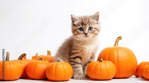 Cute gray kitten sits near orange pumpkins on white background. Halloween or Thanksgiving theme. © JuliaDorian