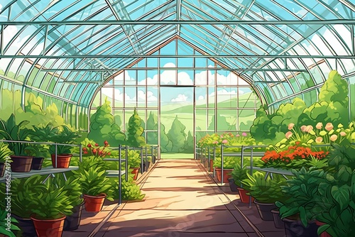 Greenhouse with lush plants. Agricultural banner with space. Image. Generative AI
