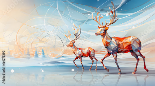 Reindeer in a beautiful winter snowy scenery. White snow covering the fields and trees. Christmas atmosphere. Reindeers. Christmas concept. Fairy tale snowman illustration. Generative AI