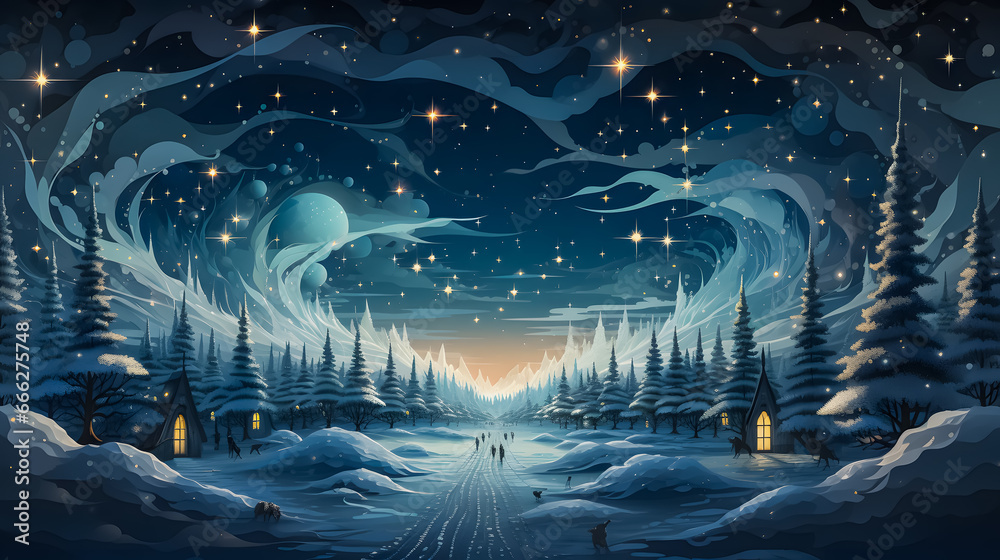 Winter snowy night scenery. White snow covering fields and trees. Christmas atmosphere. Reindeers. Christmas concept. Christmas banner illustration. Winter Fairy Tale Atmosphere. Generative AI Winter snowy night scenery. White snow covering fields and trees. Christmas atmosphere. Reindeers. Christmas concept. Christmas banner illustration. Winter Fairy Tale Atmosphere. Generative AI