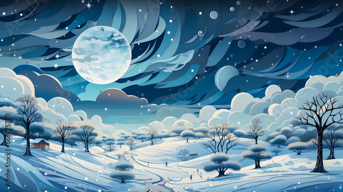 Winter snowy night scenery. White snow covering fields and trees. Christmas atmosphere. Reindeers. Christmas concept. Christmas banner illustration. Winter Fairy Tale Atmosphere. Generative AI