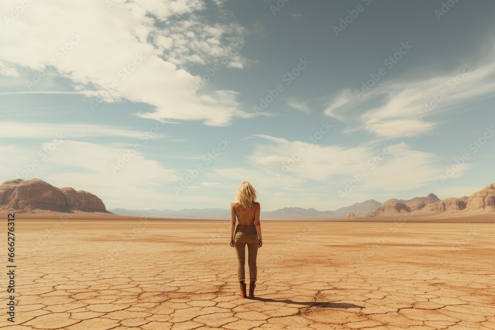 Desert dreamer: Blonde model in a vast sandy expanse Desert dreamer: Blonde model in a vast sandy expanse