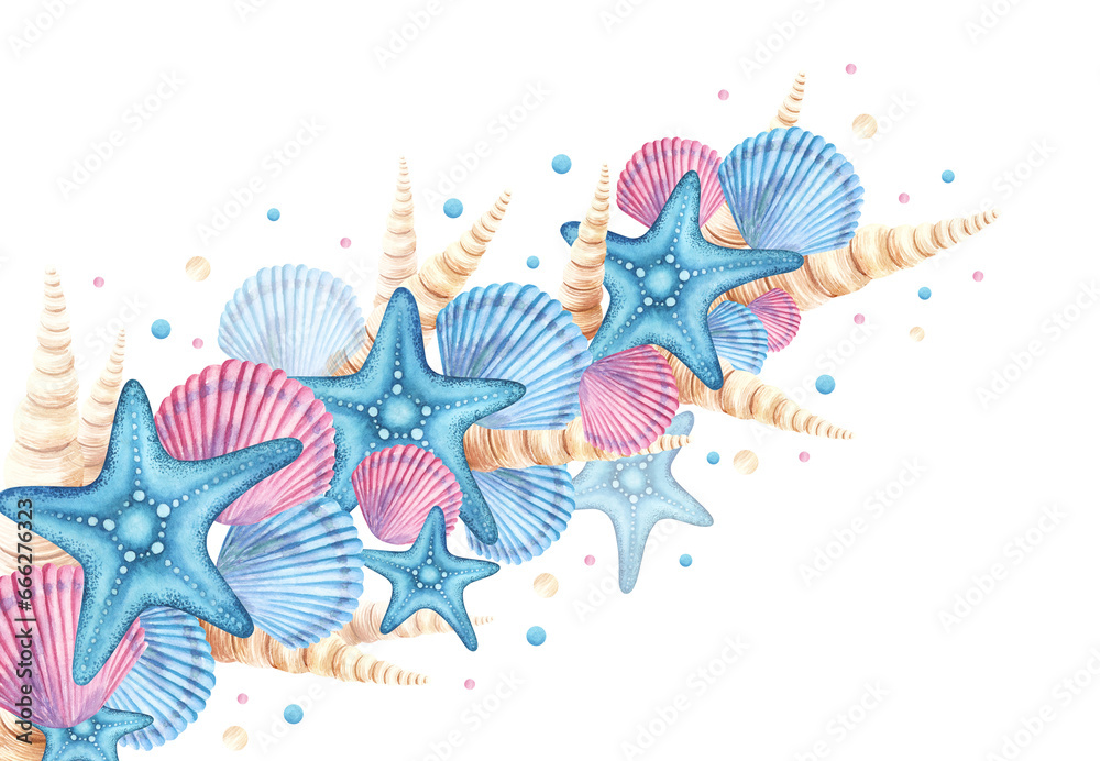 Beautiful underwater composition with watercolor sea life shell and ...