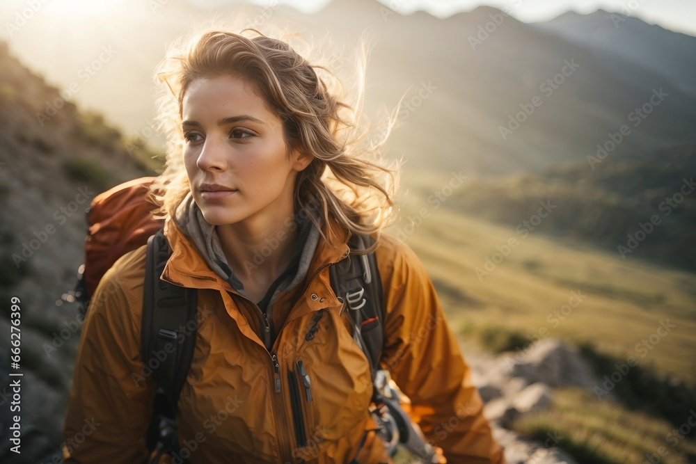 A woman in climbing clothing with sunlight in the background
