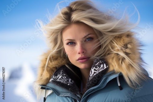 Ski slope stunner: Blonde model on a wintry mountain
