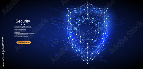 Shield 3d low poly symbol with connected dots for blue landing page. Guard shield. Cyber security concept with glowing low poly shield on dark blue background.