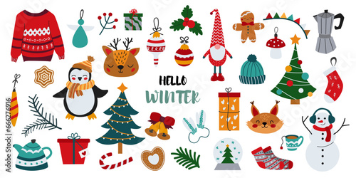 Large vector winter set. Set of New Year and Christmas objects. Collection of winter elements for scrapbooking. Christmas tree, penguin, toys, hat, gloves, reindeer. White isolated background.