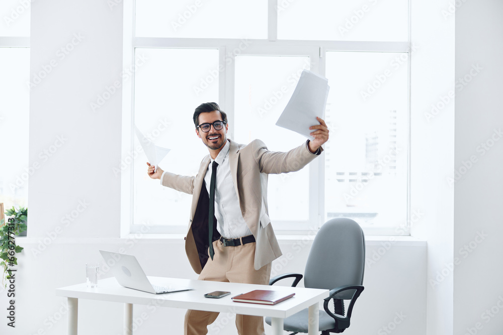 Paper businessman planning happy holding Paper businessman planning happy holding
