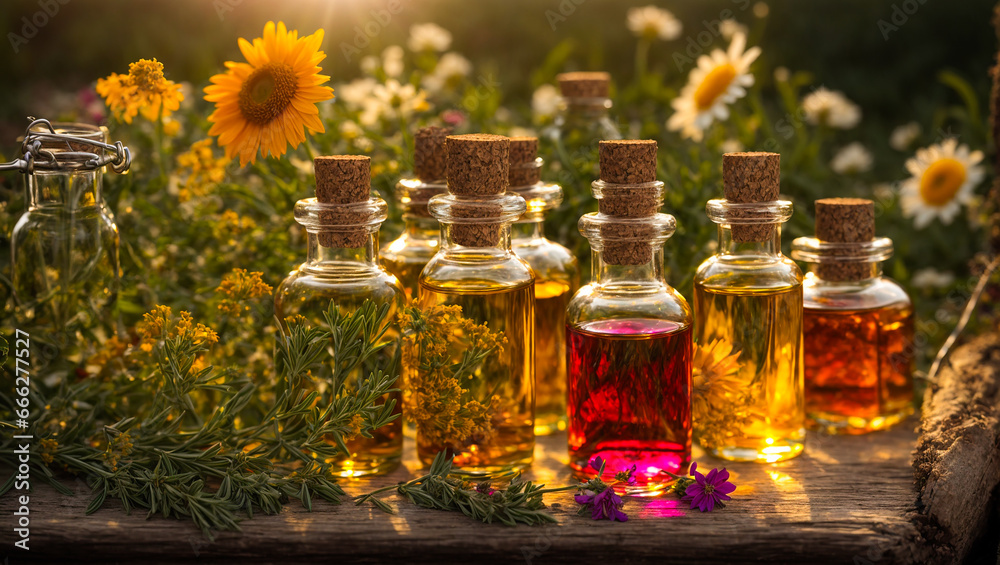 Cosmetic oil in glass bottles, flowers Cosmetic oil in glass bottles, flowers
