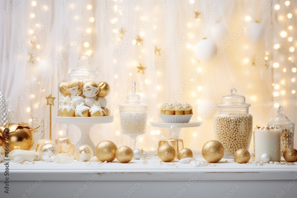 White and gold colored luxury elegantly sweets at Christmas with cozy blur background White and gold colored luxury elegantly sweets at Christmas with cozy blur background