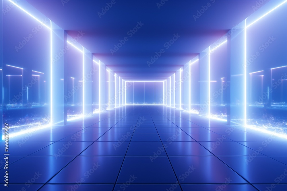 Long empty corridor with neon lights. Background with selective focus and copy space Long empty corridor with neon lights. Background with selective focus and copy space