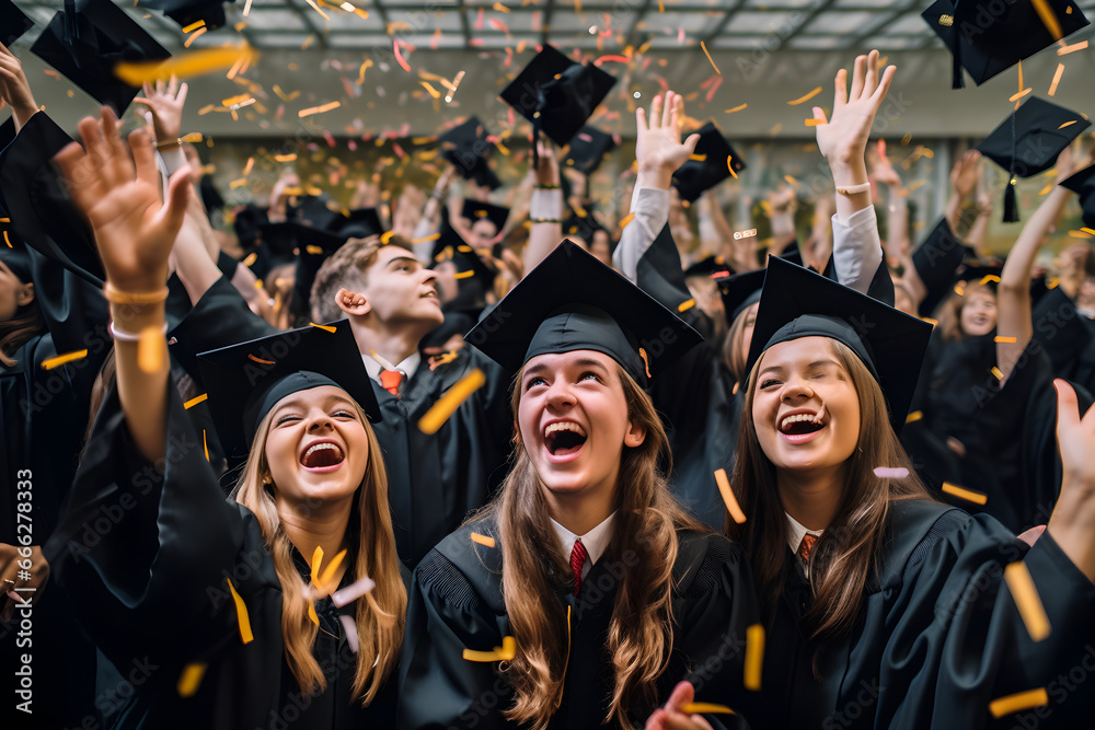 Obraz premium Graduates throwing confetti in the air with ecstatic expressions, Celebration and Victory 