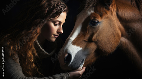 A woman and her horse isolated black background