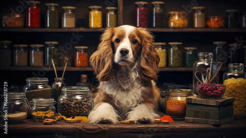 A dog sits in front of healthy dog food