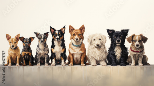 Eight dogs sitting next to each other isolated on white background