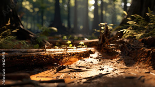 Forest floor in the forest with fallen trees and leaves