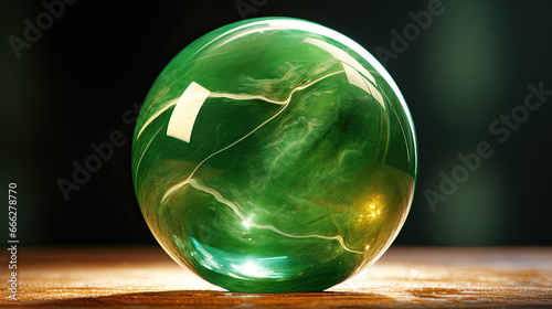 One green jade sphere isolated on green background