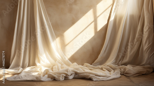 Silk curtains hang from above on a beige wall. Light comes in through a window from the side.