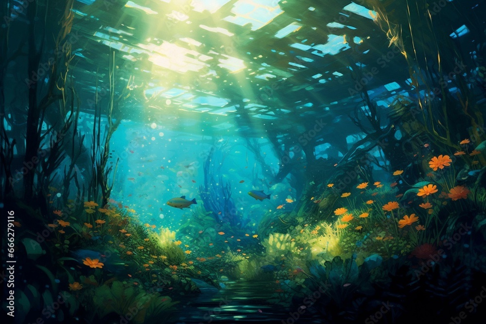 Underwater scene with sunlight and a picture on a wall. Generative AI