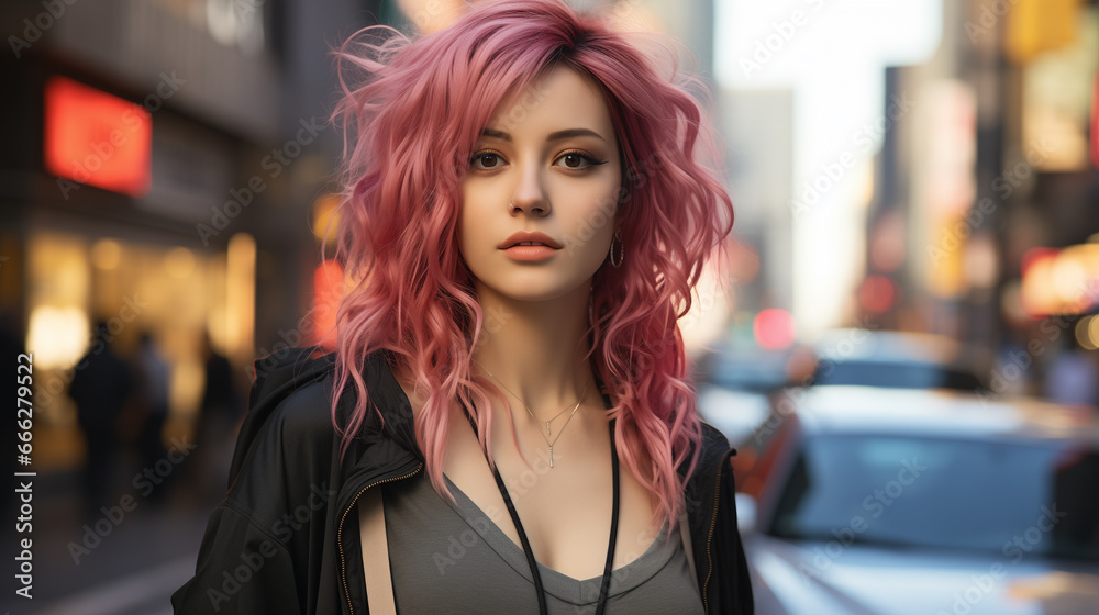 Portrait of a beautiful young woman with pink hair looking at camera without smiling in the city with blurred background.