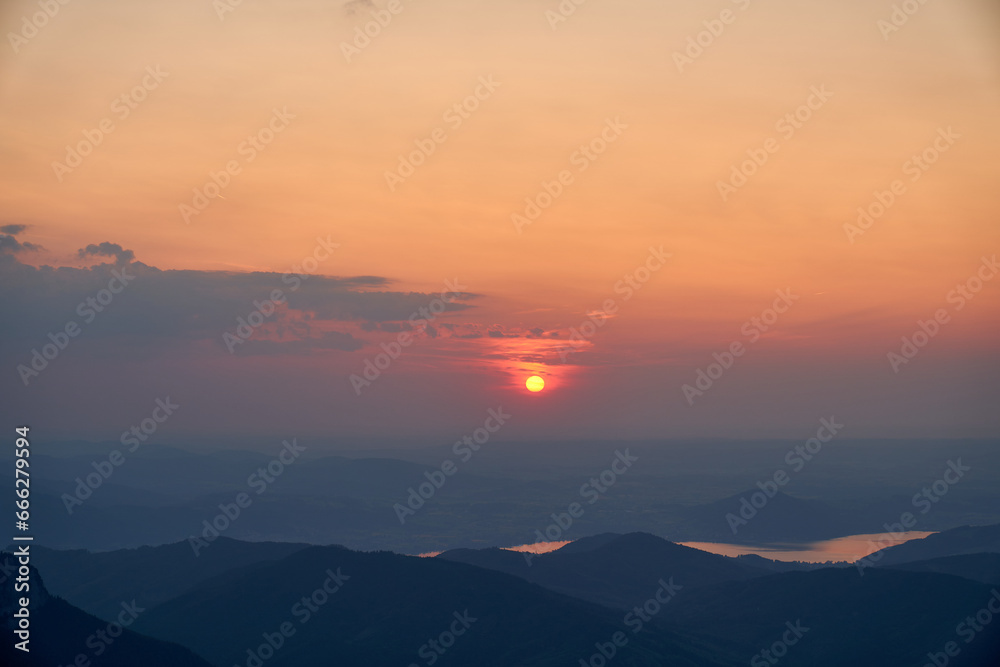 Incredible sunset in the mountains from the Feuerkogel peak, Ebensee, Austria