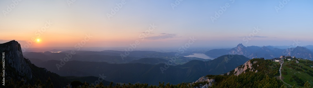 Incredible sunset in the mountains from the Feuerkogel peak, Ebensee, Austria.