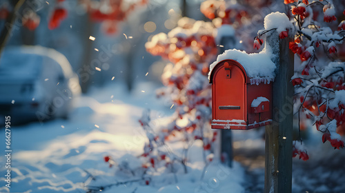 The mailbox is covered with snow. Frosty winter weather. Christmas time for sending letters. Snow-covered forest in the background. Generative AI