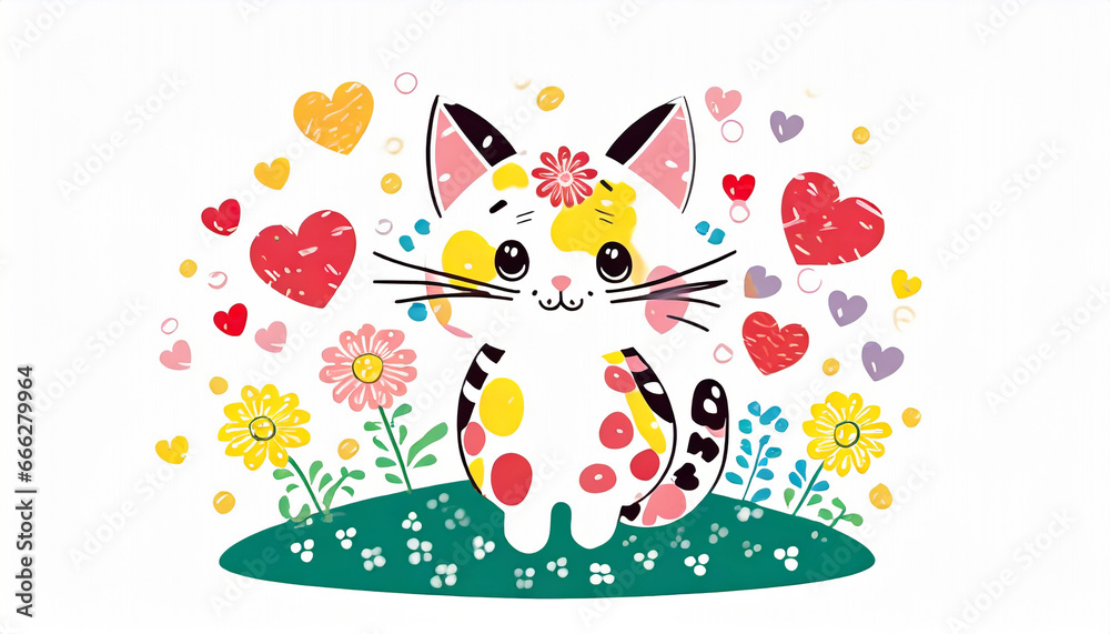 Fototapeta premium Kitten digital art with flowers and hearts. Generative AI