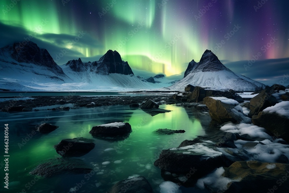 Stunning emerald aurora above rocky terrain. Captivating polar lights. Generative AI