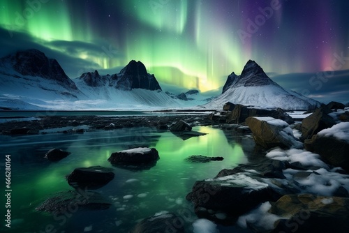 Stunning emerald aurora above rocky terrain. Captivating polar lights. Generative AI