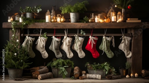 a mantel decorated with festive stockings and greenery
