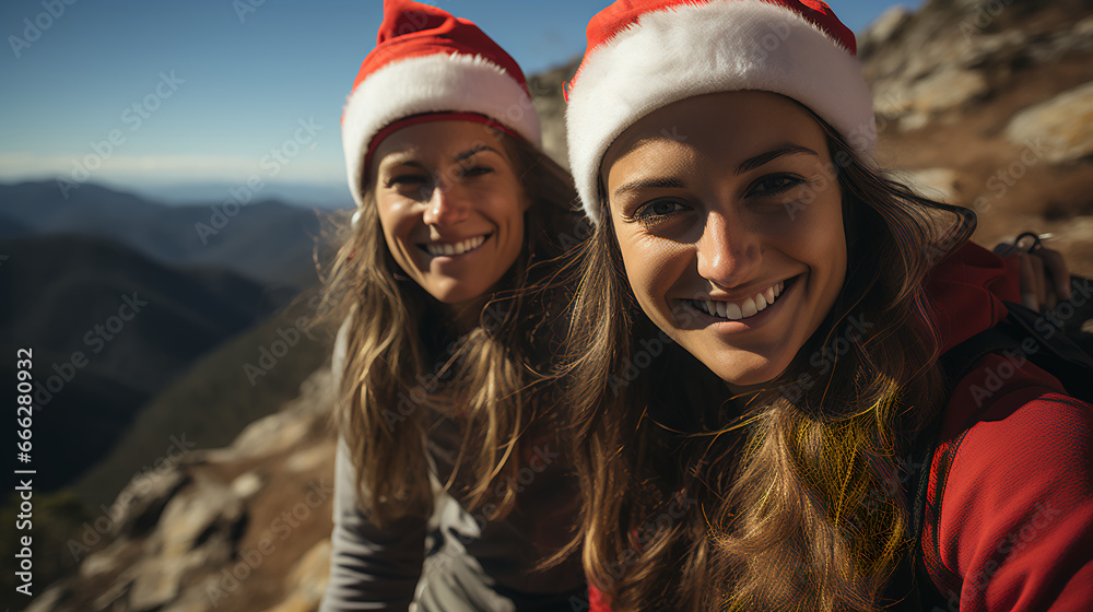 Friends hiking on Christmas Day - Santa hats - festive - holiday spirit - nice weather - exercise 