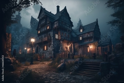 Canvas Print Gloomy epic castle environment with medieval inn in a fantasy dark and cinematic paint