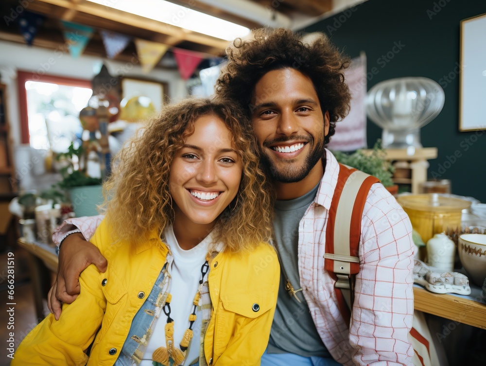 Obraz premium Happy young couple at home, generative ai