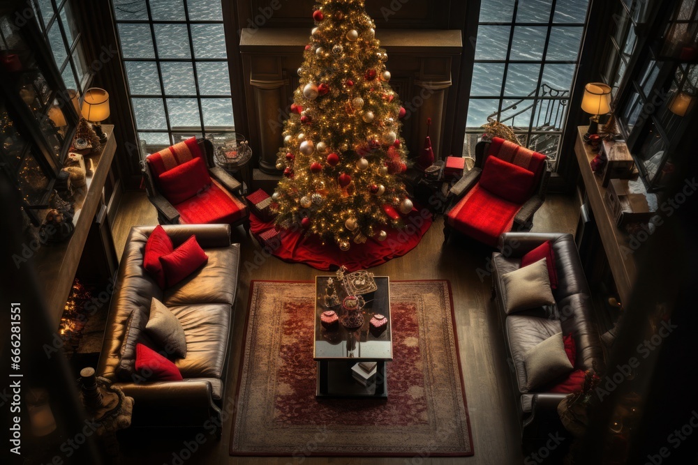 Naklejka premium Rich Home Overhead View Celebrating Holiday Season Backdrop Generative AI